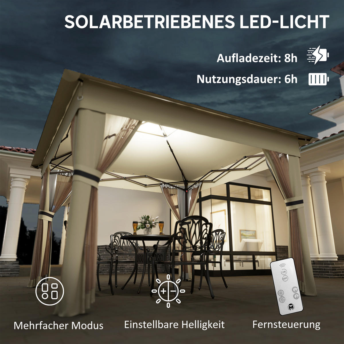 PAVILLON 3,3x3,3m Wasserabweisend Pop-up Faltpavillon mit LED, Doppeldach - Braun, Textil/Metall (336/270/336cm) - Outsunny