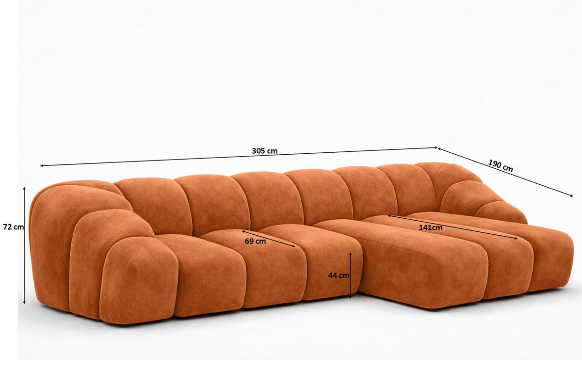 ECKSOFA Modulare L-Form, Veloursstoff Bluvel, Zimtfarbe, Rechts, CROISSANT L - Orange, Holz (305/190cm) - Kaiser Möbel