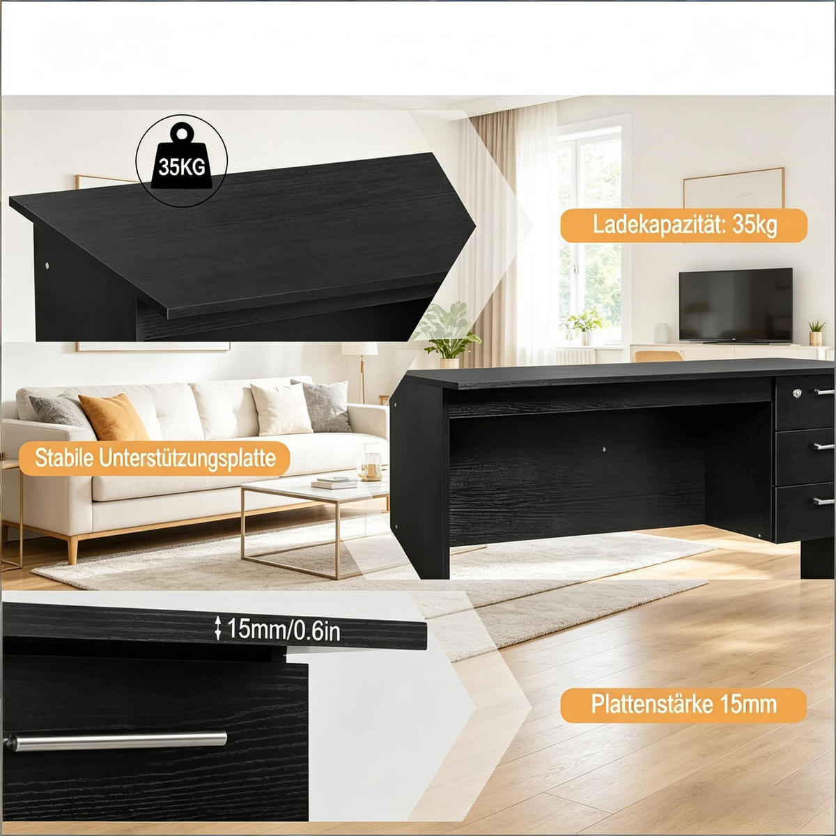 SCHREIBTISCH Schwarz 120/60/75 cm mit 3 Schubladen abschließbar kratzfest - Schwarz, Holz (60/120/75cm) - PANGIVO