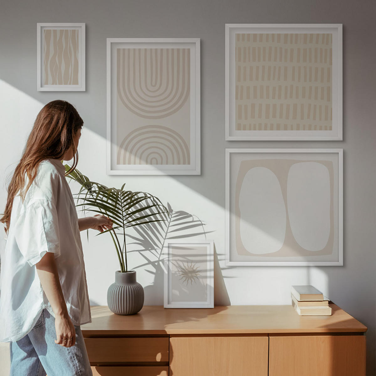 BILDER SET 5er Set - 50x50 cm & 20x30 cm & 40x60 cm Weißer Rahmen - Abstrakte Boho-Musterformen - Weiß, Kunststoff (40/60cm) - TULUP