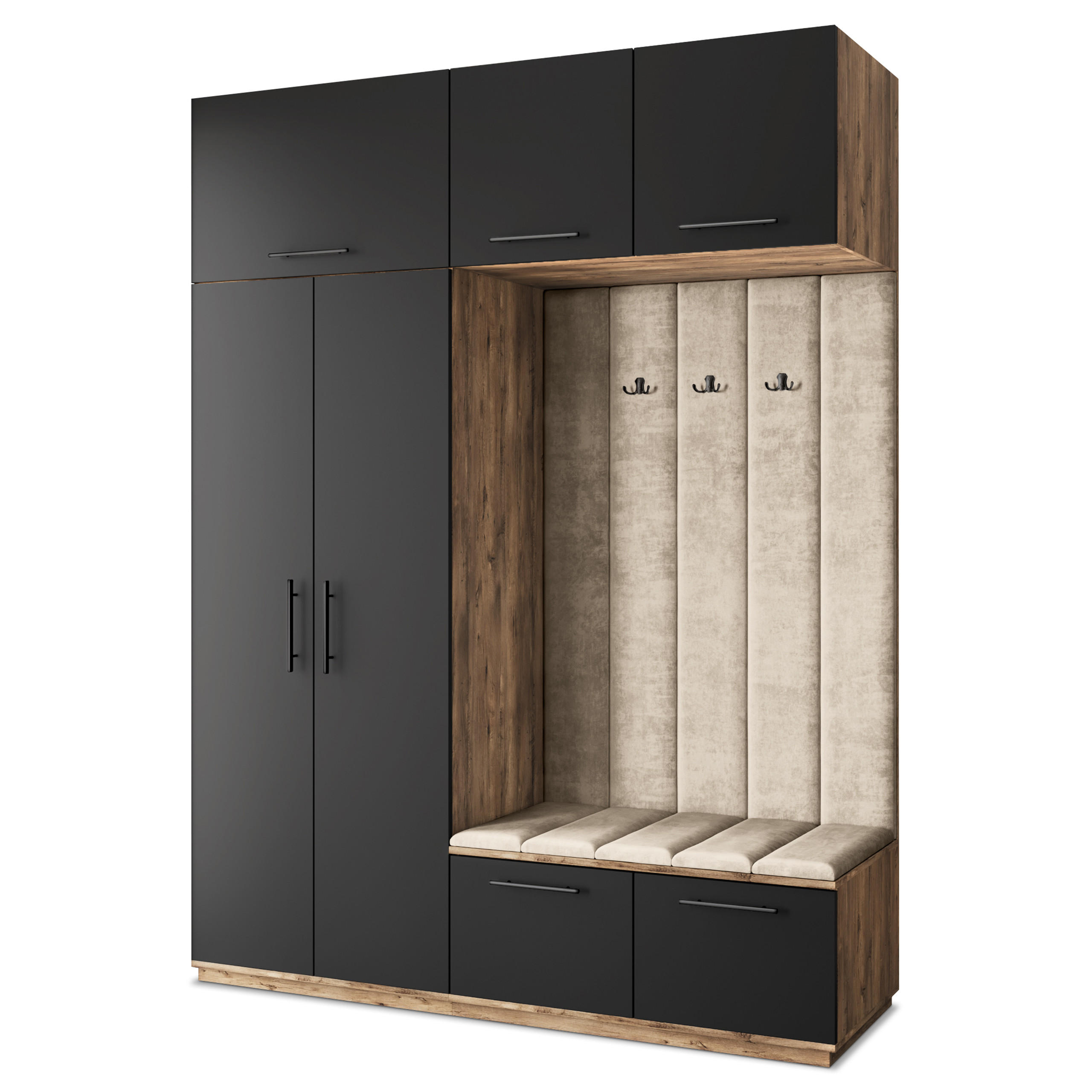 Masseno Garderobenschrank Eiche, Schwarz, Beige 180x240x60 cm