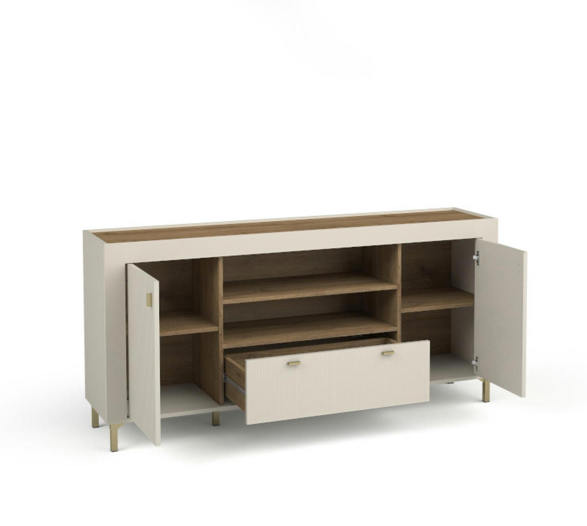 KOMMODE Mossa Kaschmir, Zweitürige Kommode mit Schubladen - Beige/Goldfarben, Holzwerkstoff (177/84/40cm) - Bettso