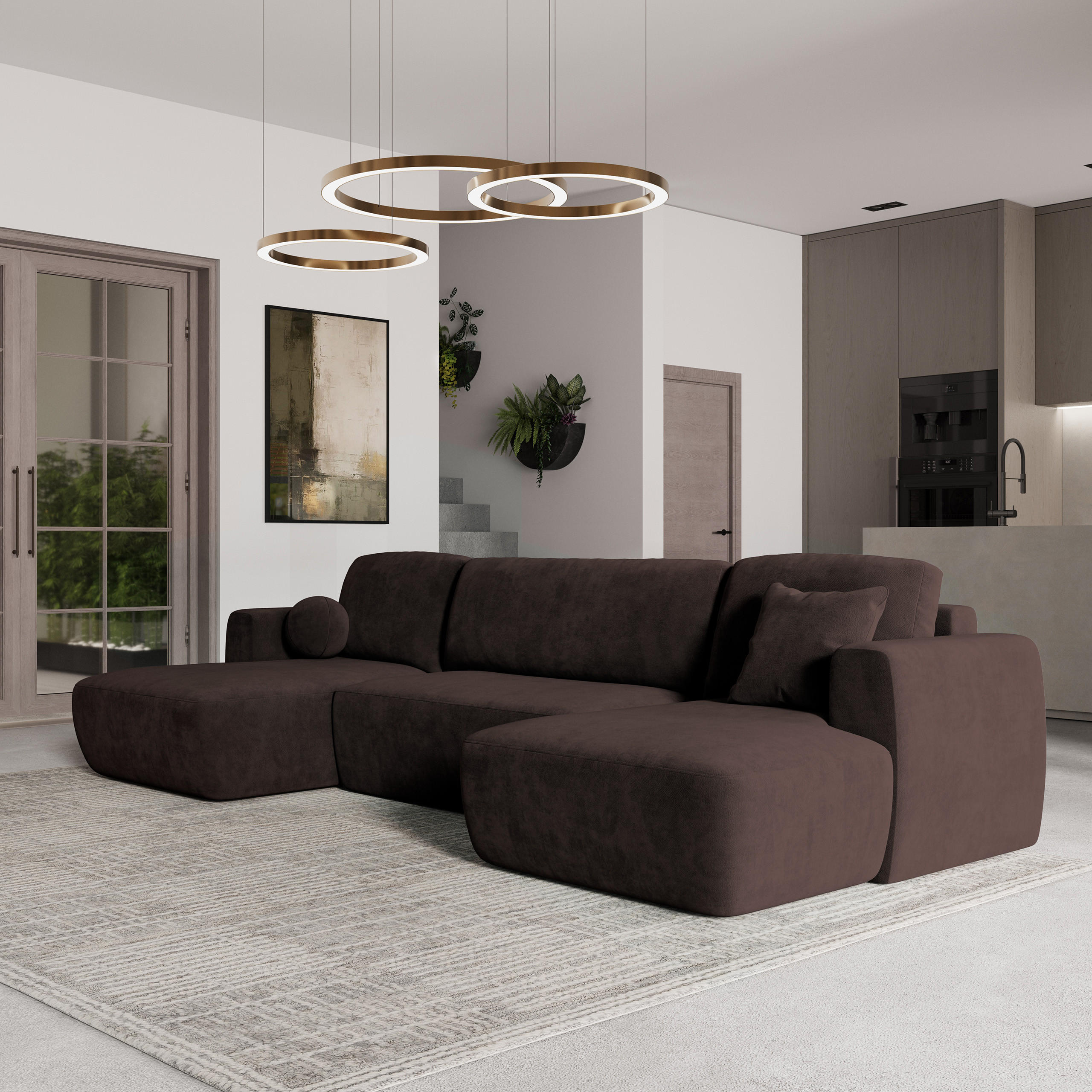 WOHNLANDSCHAFT SENTUM K Braun Plüsch-Stoff mit Schlaffunktion - Braun, Holz (330/90/148cm) - MASSENO