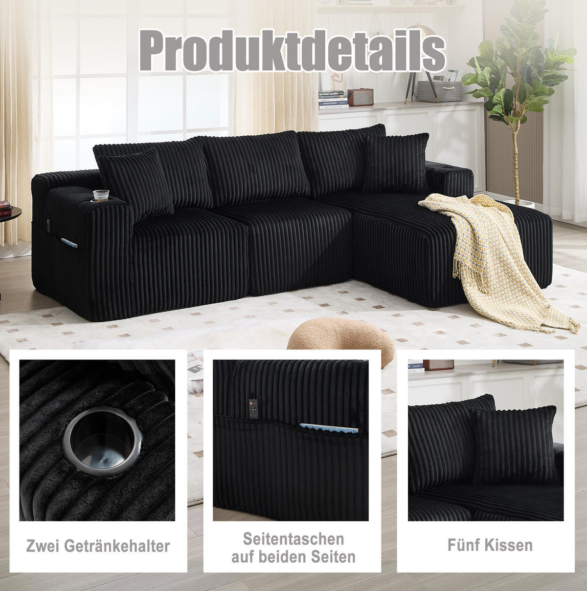 MODULARES Sofa-Set Cord mit Chaiselongue und 2-Sitzer Taschen und Getränkehalter 257/90-160/62 cm Schwarz - Schwarz, Textil (160/257cm) - Redom