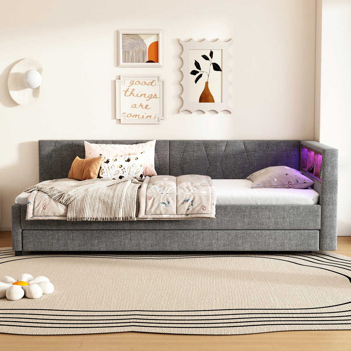 POLSTERBETT 90/200 cm Grau mit LED-Beleuchtung und USB- und Type-C-Anschlüssen - Grau, Textil (90/200cm) - Flora Grace