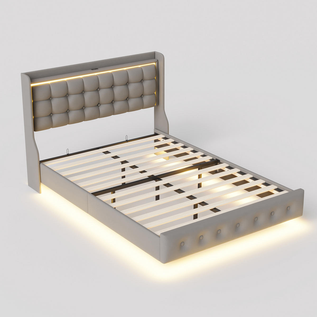 POLSTERBETT 160x200 cm mit LED und USB, Doppelbett mit Lattenrost und Kopfteil, Samtbezug, Grau - Grau, Holzwerkstoff/Textil (160/200cm) - GENKI LIVING