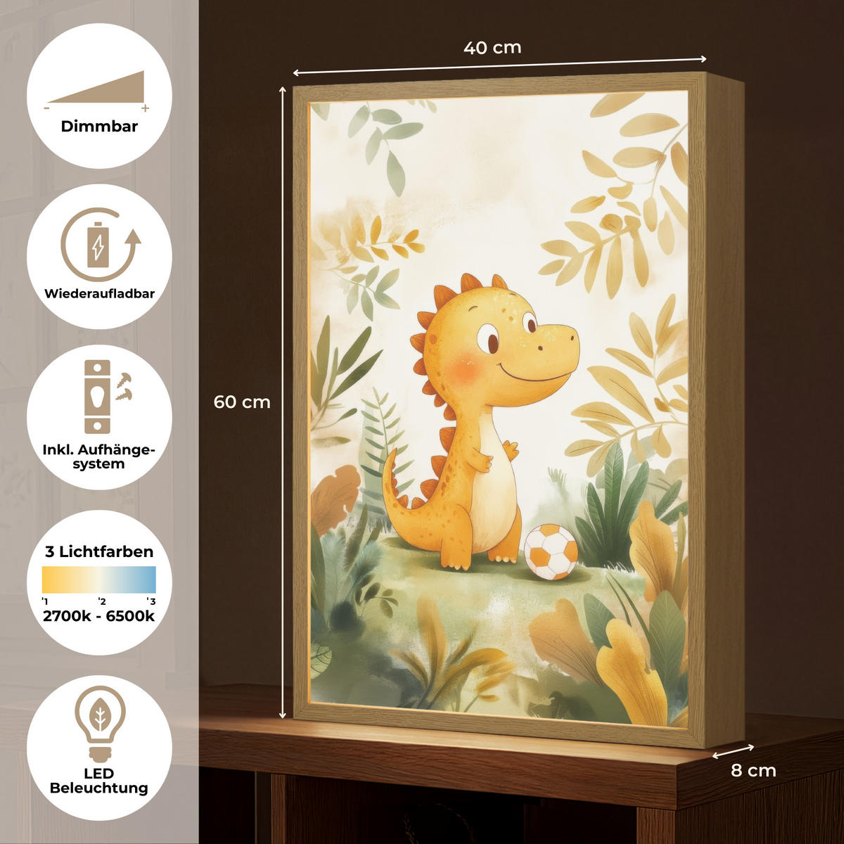 NÁSTĚNNÁ LAMPA S AKUMULÁTOREM Dino - Fotbal - Orange 40x60 cm - béžová, kompozitní dřevo (40/60/8cm) - OnlyWow