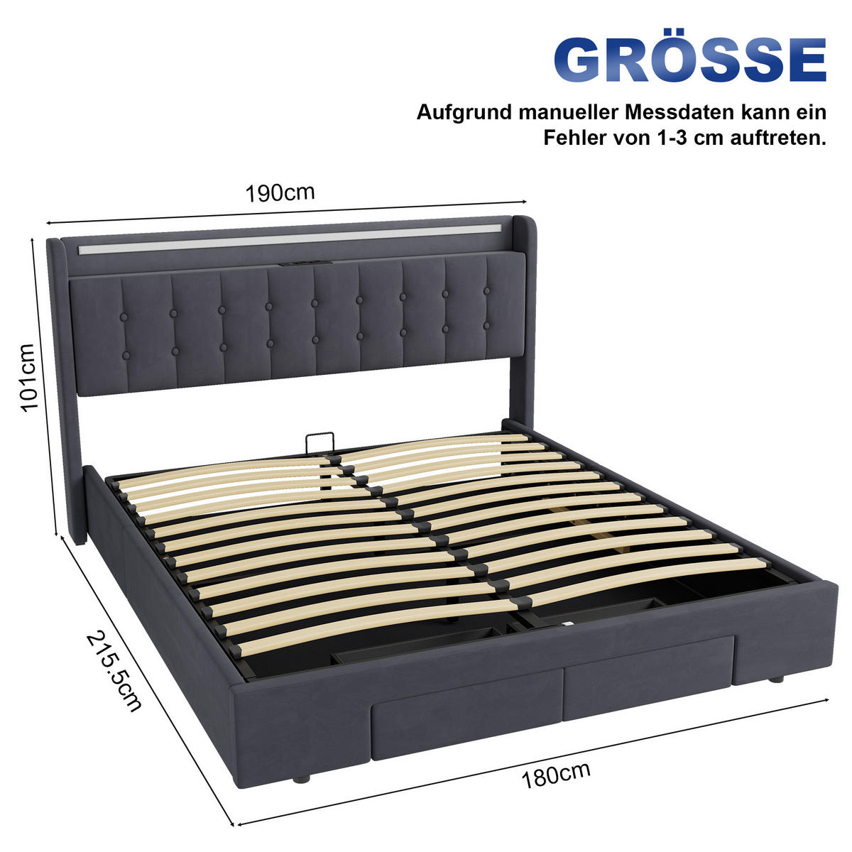POLSTERBETT 180/200 cm in Dunkelgrau Samt mit Bettkasten, Schubladen und USB/LED-Beleuchtung - Dunkelgrau, Holzwerkstoff/Textil (180/200cm) - CHICFURN