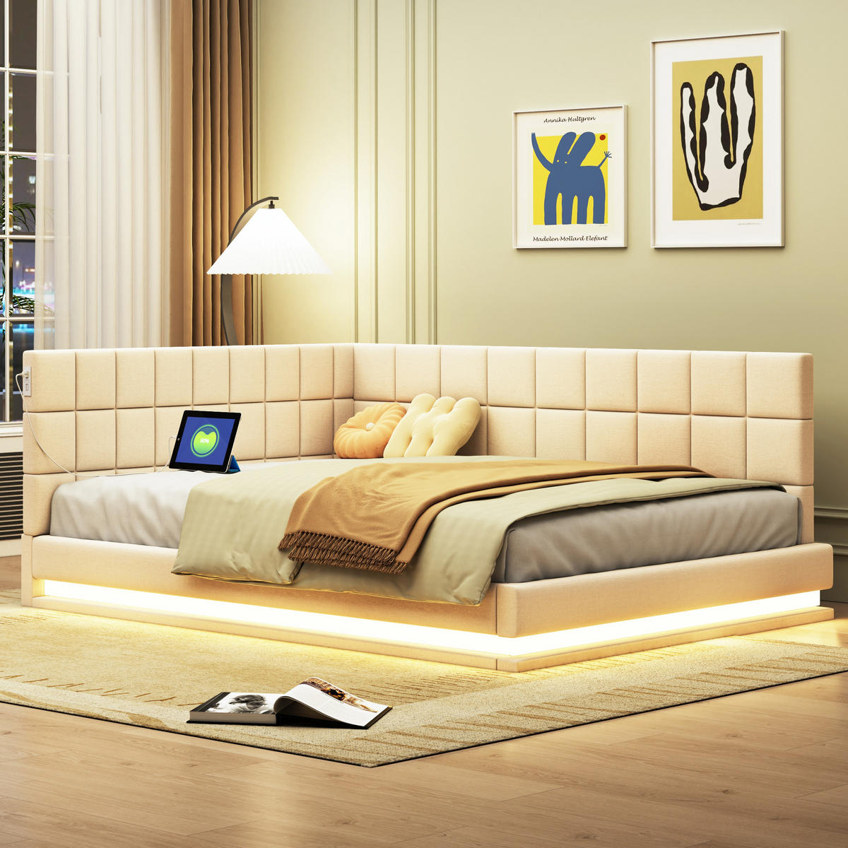 POLSTERBETT 140/200 cm mit LED-Beleuchtung & USB-Anschluss Samt Beige - Beige, Leder (140/200cm) - OKWISH