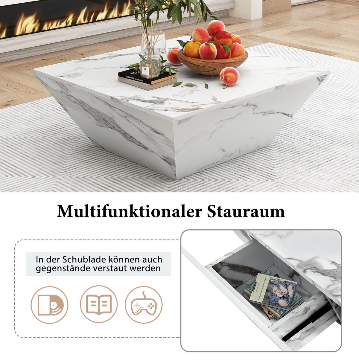 COUCHTISCH, trapezförmig, MDF mit Marmorfurnier, 2 Schubladen, modernes Light-Luxury-Design, 70/70/37 cm, Weiß - Weiß, Holzwerkstoff (70/70/37cm) - Redom
