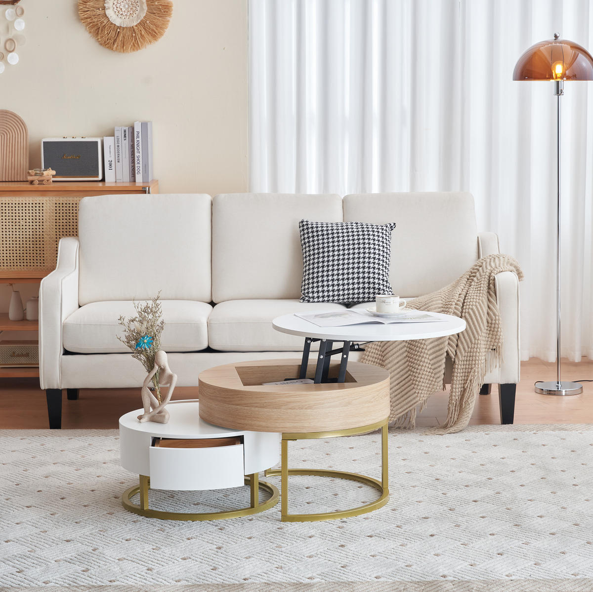 COUCHTISCH-SET aus MDF 70x70x56 cm Weiß und Gold mit höhenverstellbarer Tischplatte und Schublade - Weiß, Holzwerkstoff (70/70/56.5cm) - IVMEU
