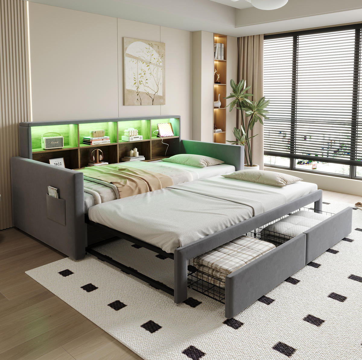 SAMT-POLSTERBETT 90/190 cm mit LED-Beleuchtung, Ausziehfunktion und Stauraum - Dunkelgrau, Textil (90/190cm) - BEAOK