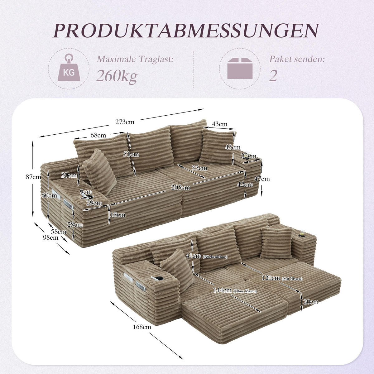 SCHLAFSOFA 273/98/87 cm Khaki mit beidseitigen Taschen und Getränkehaltern - Sandfarben, Textil (107.48/34.25/38.58cm) - Oxeza