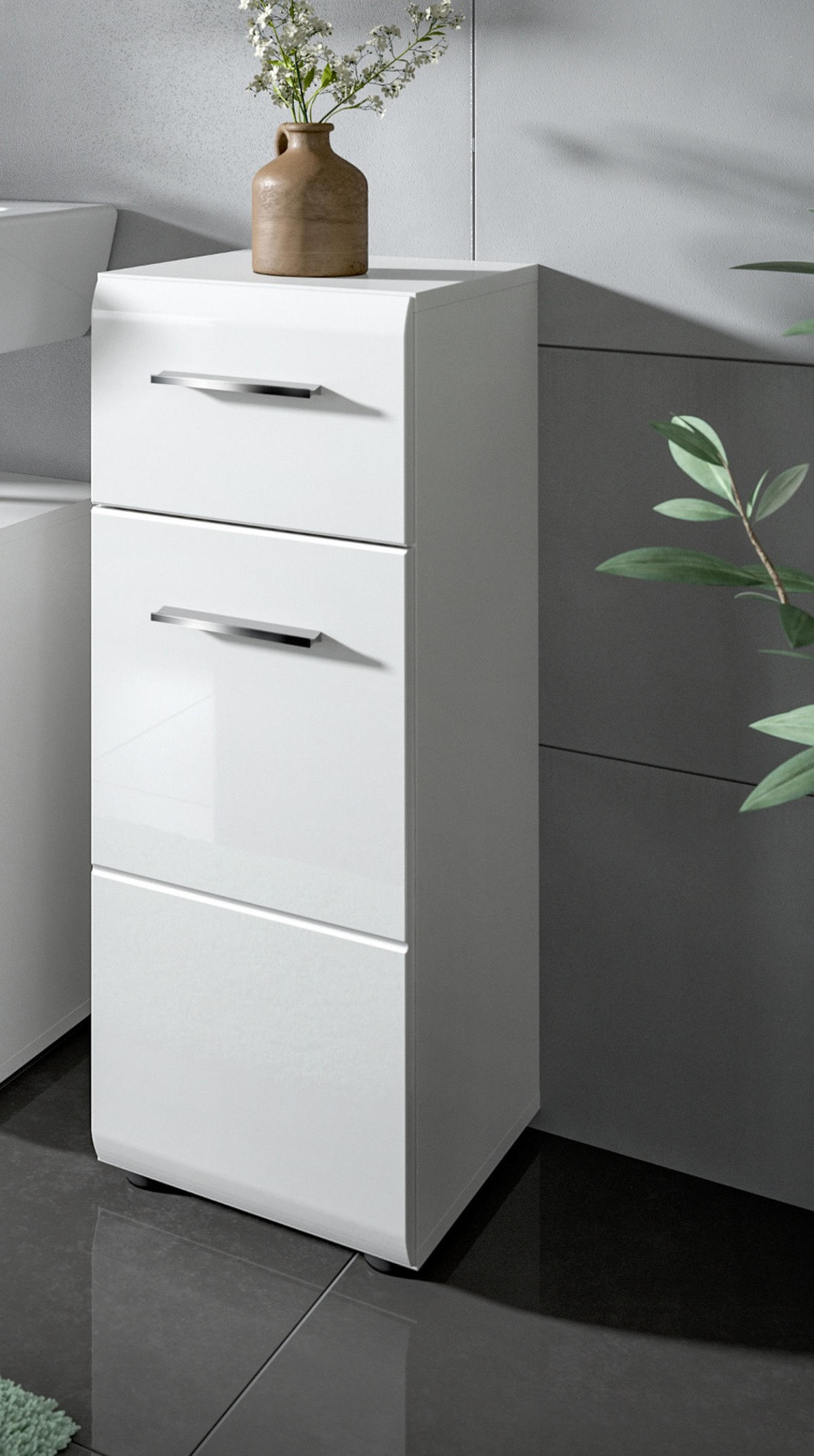 BADKOMMODE weiß Hochglanz, Badezimmer Schrank 30 x 80 cm - Weiß Hochglanz/Silberfarben, Holzwerkstoff/Kunststoff (30/80/30cm) - Inn.Furn