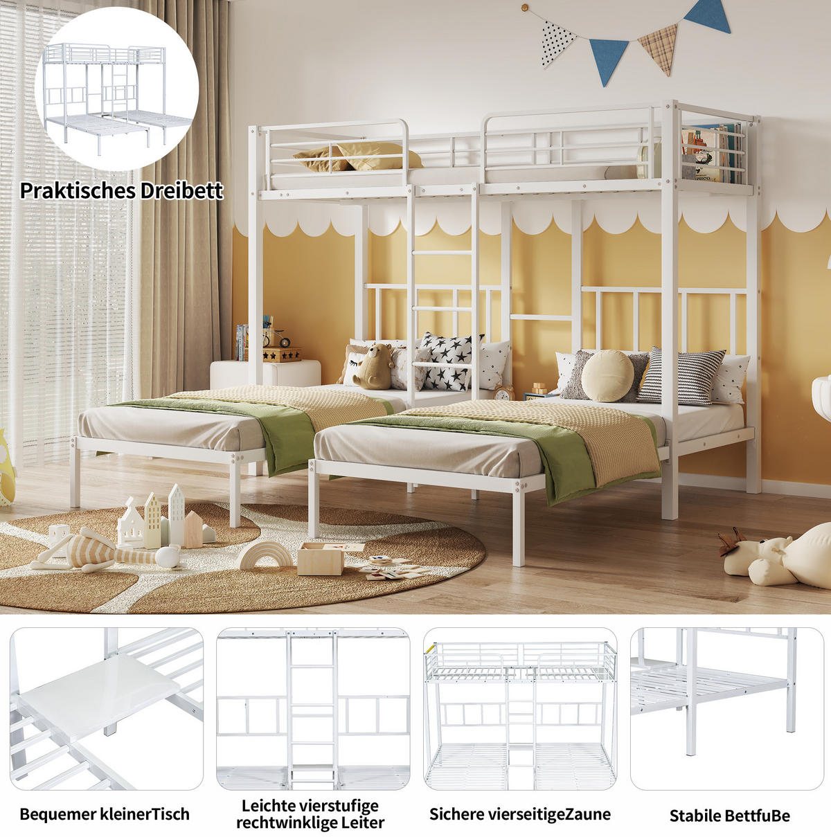 ETAGENBETT Dreifach mit Leiter und Tisch 90/200 cm Weiß - Weiß, Metall (90/200cm) - MIVRAY