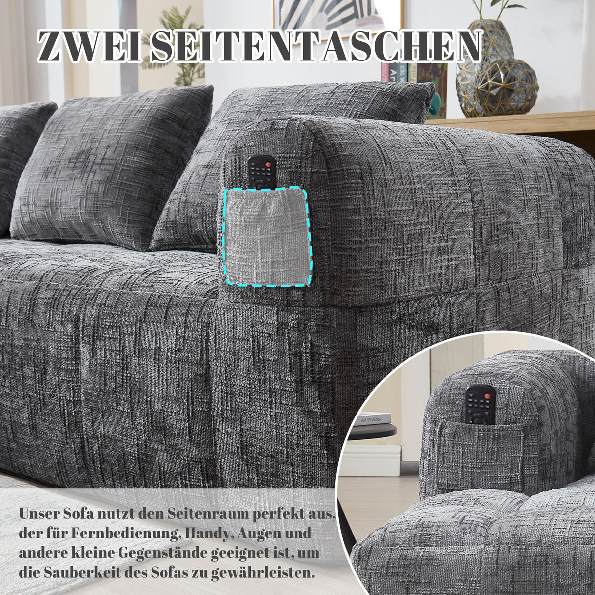 ECKSOFA chenille L-form mit chaiselongue & 3 kissen - Grau, Textil (250/158cm) - Urban Meuble