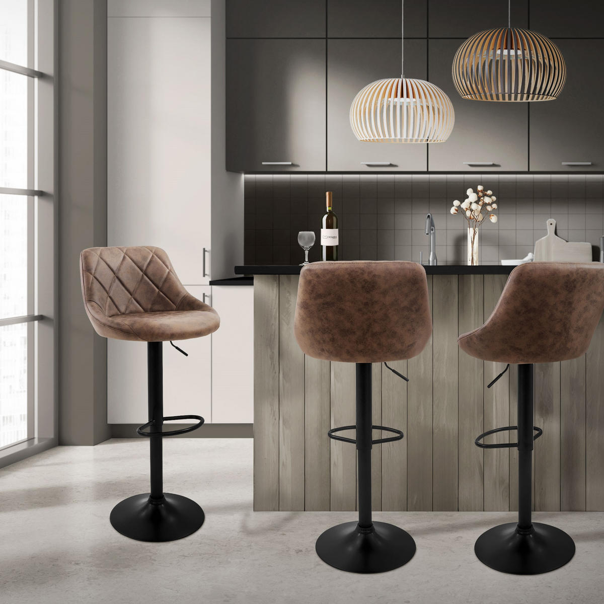 BARHOCKER 2er Set aus Kunstleder Braun höhenverstellbar/drehbar - Schwarz/Braun, Metall (37/106/47cm) - ML-DESIGN