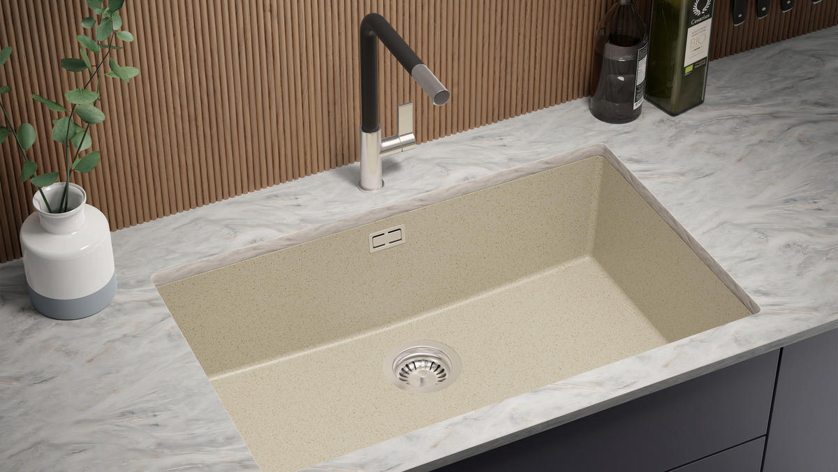 UNTERBAUSPÜLE GRANIT London, 2-er set Beige 76/47 cm 1 Becken + Küchenarmatur 40/20 cm + Ablauf-Set ab 80er Unterschrank - Beige, Kunststoff (76/20/47cm) - Primagran