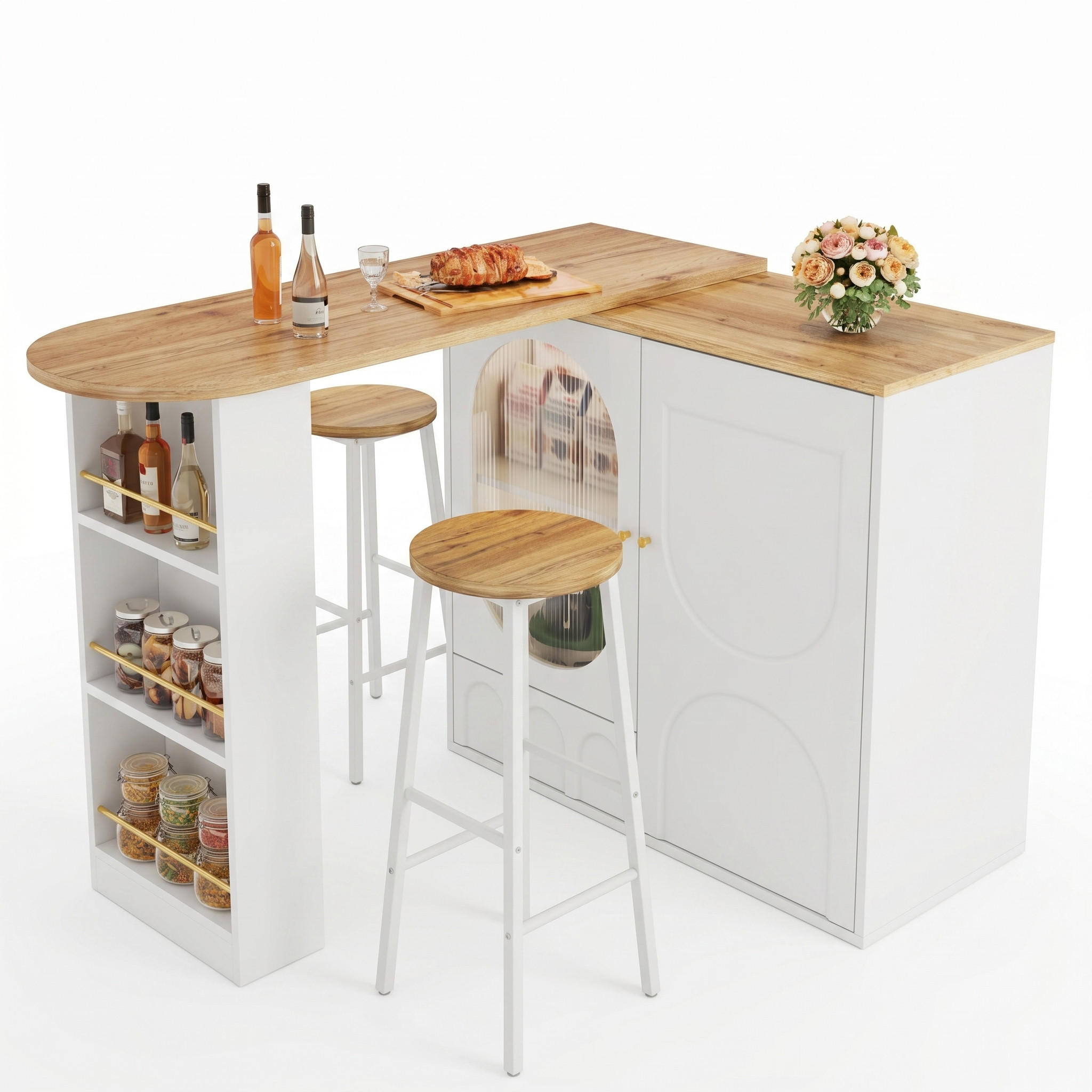KÜCHENINSEL Mit Stauraum, 2 Barhocker Weiß Holzoptik - Multicolor, Metall (138/105/39cm) - FLIEKS