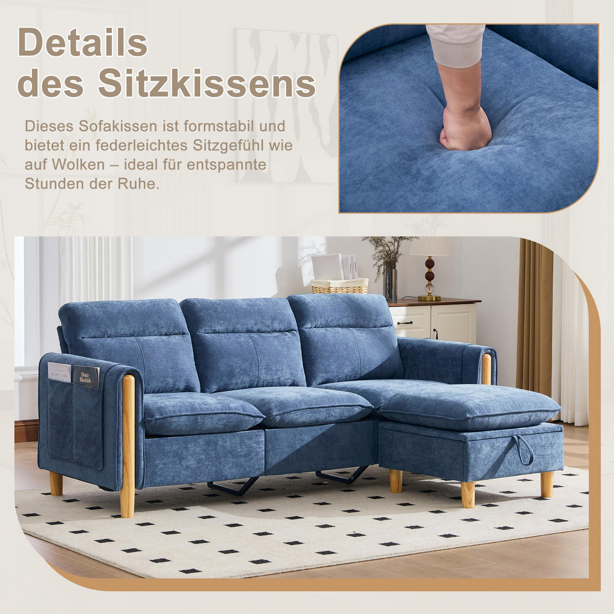 ECKSOFA DE-33940 mit Stauraumhocker und Seitentaschen Blau - Blau, Holz (77/201cm) - ComfortXL
