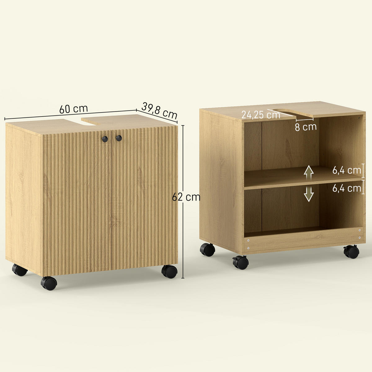 WASCHBECKENUNTERSCHRANK Unterschrank mit Rolle Soft-Close Türen Ablage - Eichefarben, Holzwerkstoff (39.8/62/60cm) - HOMCOM