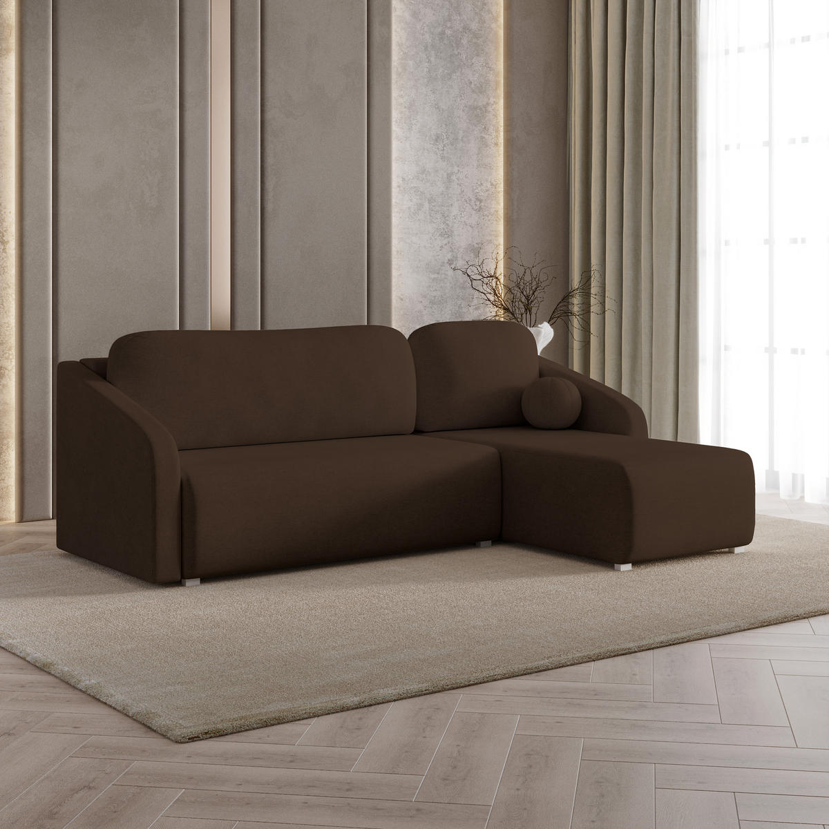 ECKSOFA MARELLO Braun Geflochtener Stoff mit Schlaffunktion - Braun, Holz (220/143cm) - MASSENO