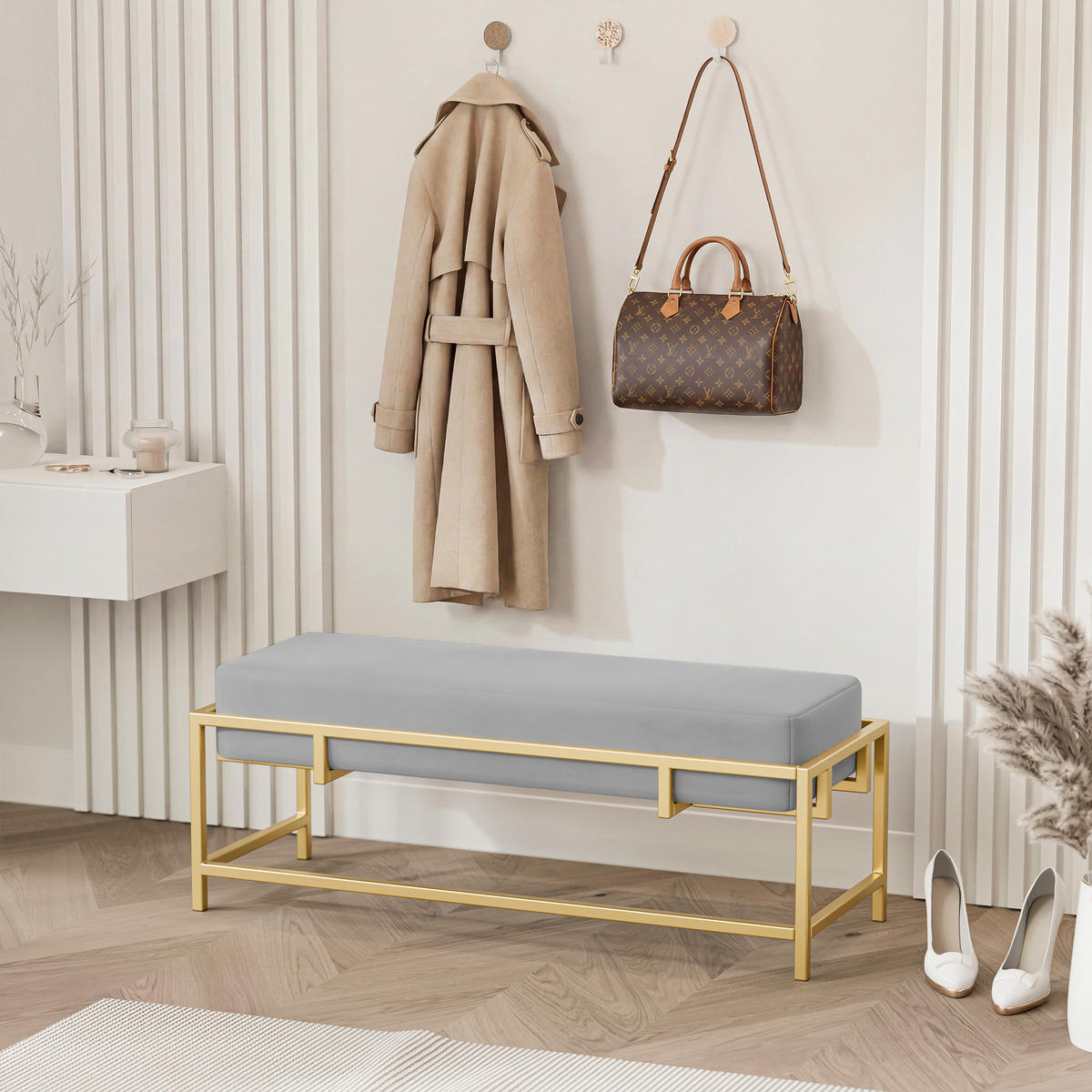 POLSTERBANK GLAM 100 cm Gold / Grau ,Metallgestell - Grau, Metall (100/45/35cm) - Idohome