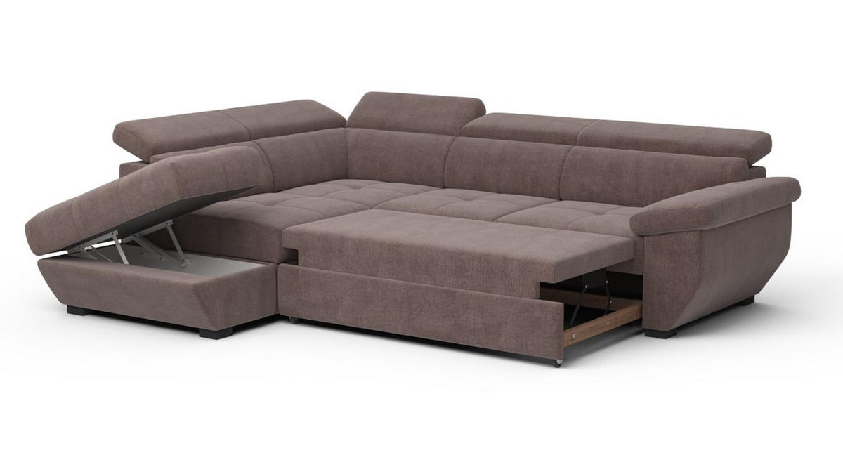 ECKSOFA mit Schlaffunktion und Bettkasten, verstellbare Kopflehnen - Taupe/Schwarz, Kunststoff/Textil (262/224cm) - Cotta
