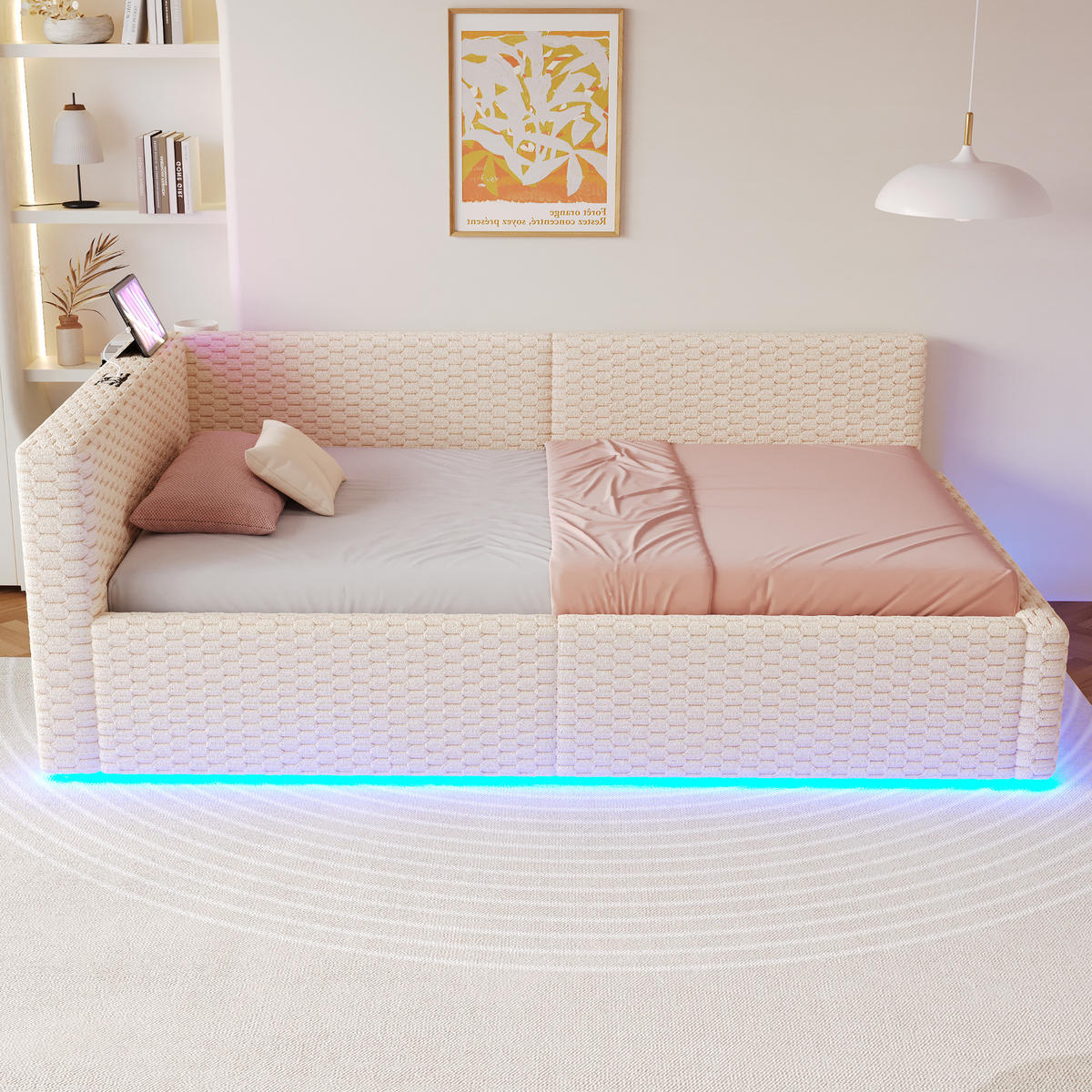 POLSTERBETT 90/200 cm Beige mit LED-Beleuchtung, USB-C-Anschluss und 2 USB-Anschlüssen - Beige, Textil (90/200cm) - Oxeza