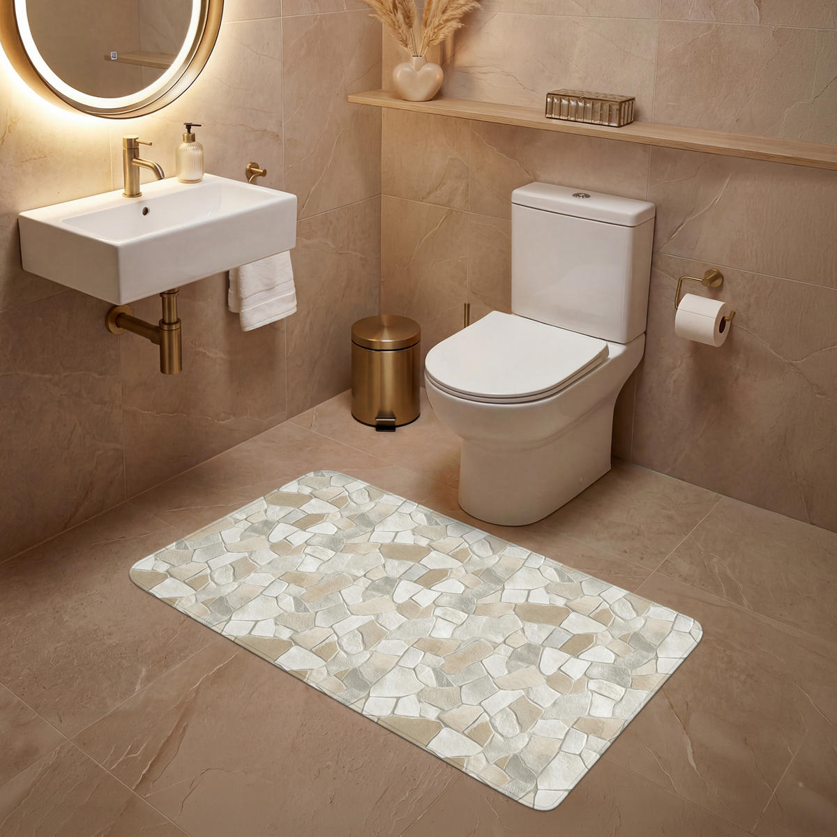 WC-VORLEGER Mosaik - Steine - Beige WC Teppich 120x60 cm - Beige, Kunststoff/Textil (120/1cm) - OnlyWow