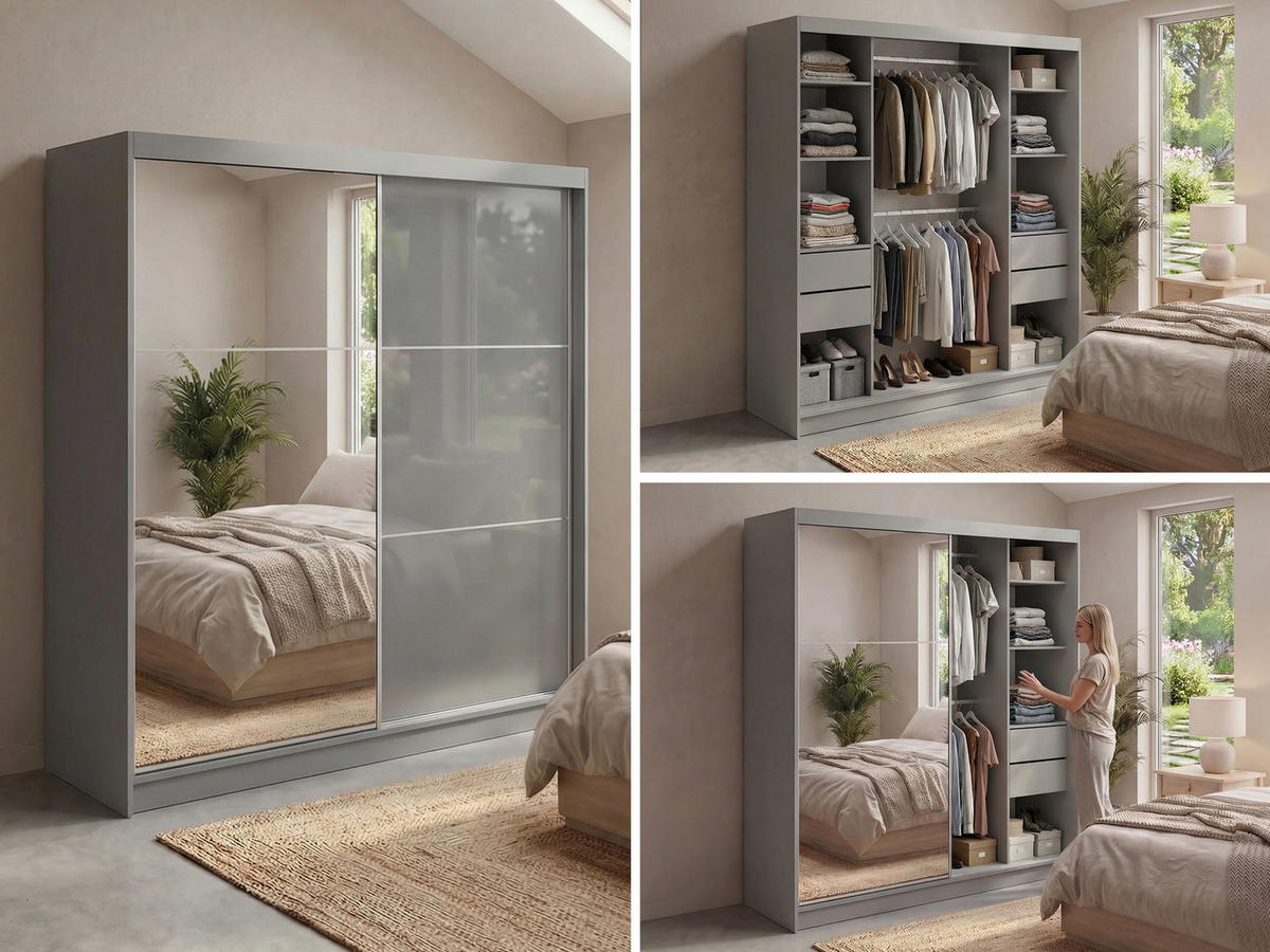 SCHWEBETÜRENSCHRANK mit Spiegel und Schubladen - WALENCJA - 200 - Grau lacobel - Alufarben/Grau, Holzwerkstoff/Metall (200/216/61cm) - MKS