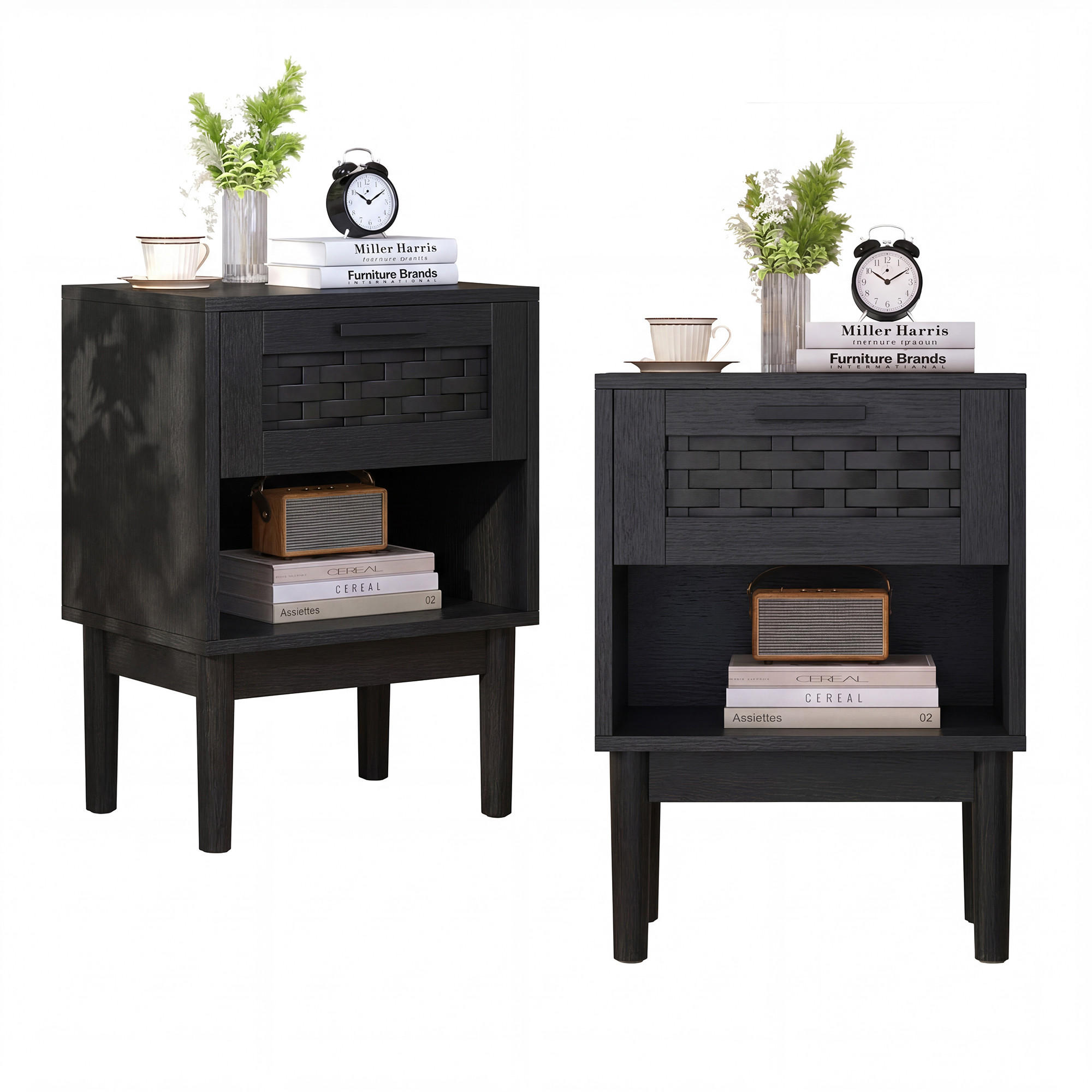 NACHTTISCH 2er Set Holz Rattan Schublade offenes Fach schwarz - Schwarz, Holz (30/55/40cm) - LEBENLANG