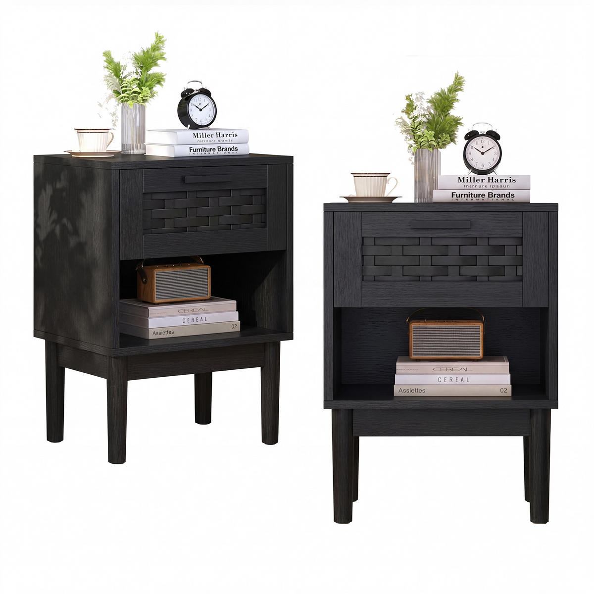 NACHTTISCH 2er Set Holz Rattan Schublade offenes Fach schwarz - Schwarz, Holz (30/55/40cm) - LEBENLANG