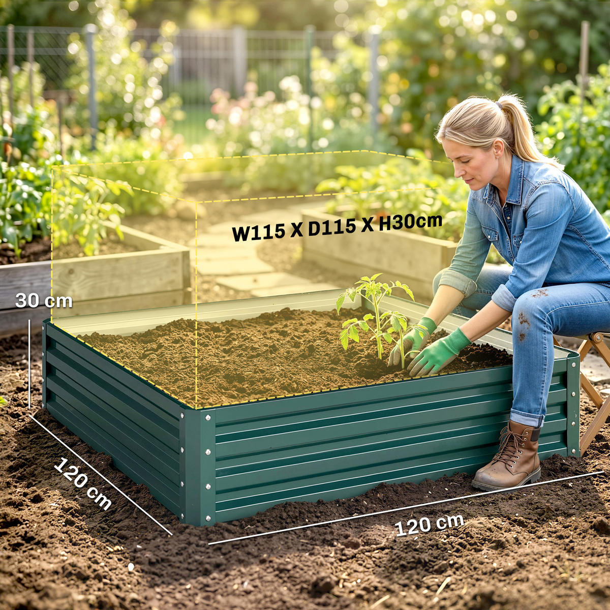 HOCHBEET DE-12129 quadratisch 120/120/30 cm Dunkelgrün - Grün, Metall (120/30/120cm) - ComfortXL