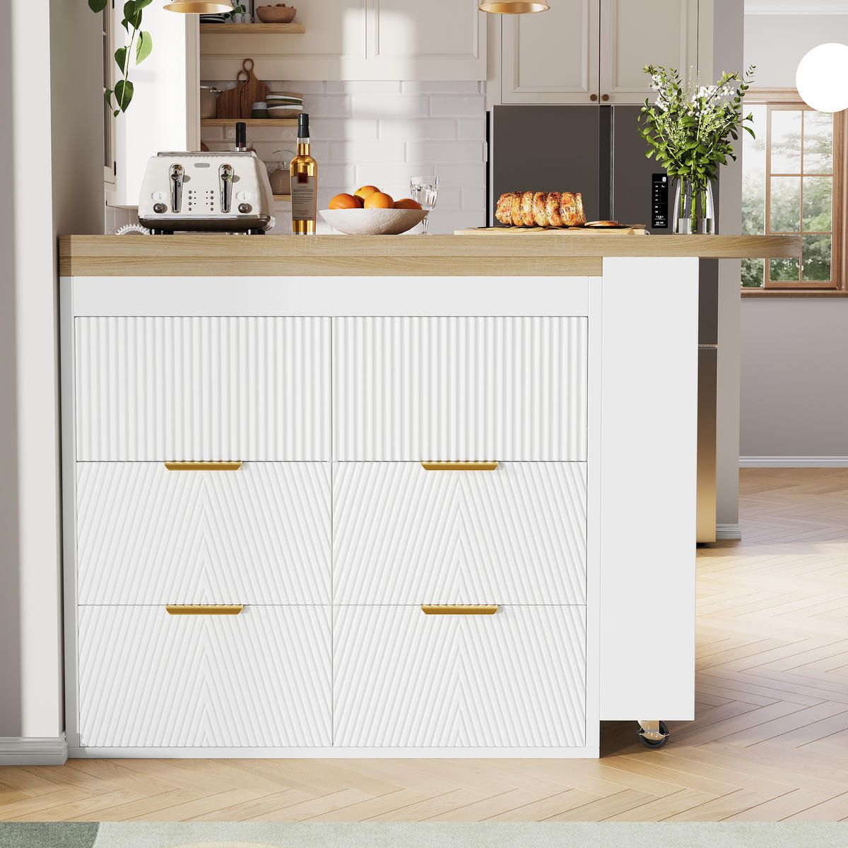BARTISCH 128-203/39/90 cm in Weiß mit 6 Schubladen und drehbaren Modulen - Weiß, Holzwerkstoff (39/203/90cm) - BEAOK