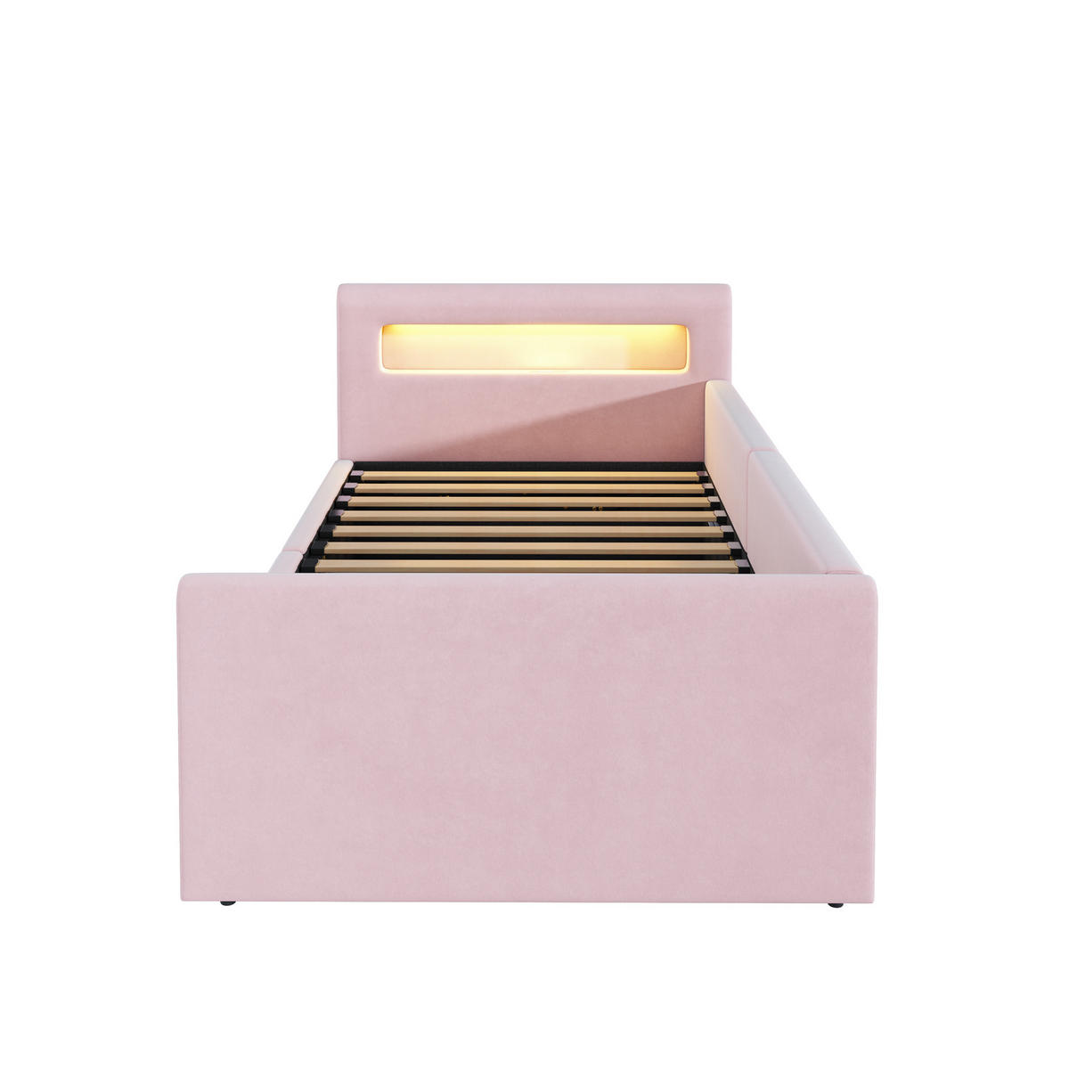 KINDEREINZELBETTEN aus Samtstoff 90x200 cm in Rosa mit LED, USB & Stauraum - Rosa, Textil (90/200cm) - Modfu