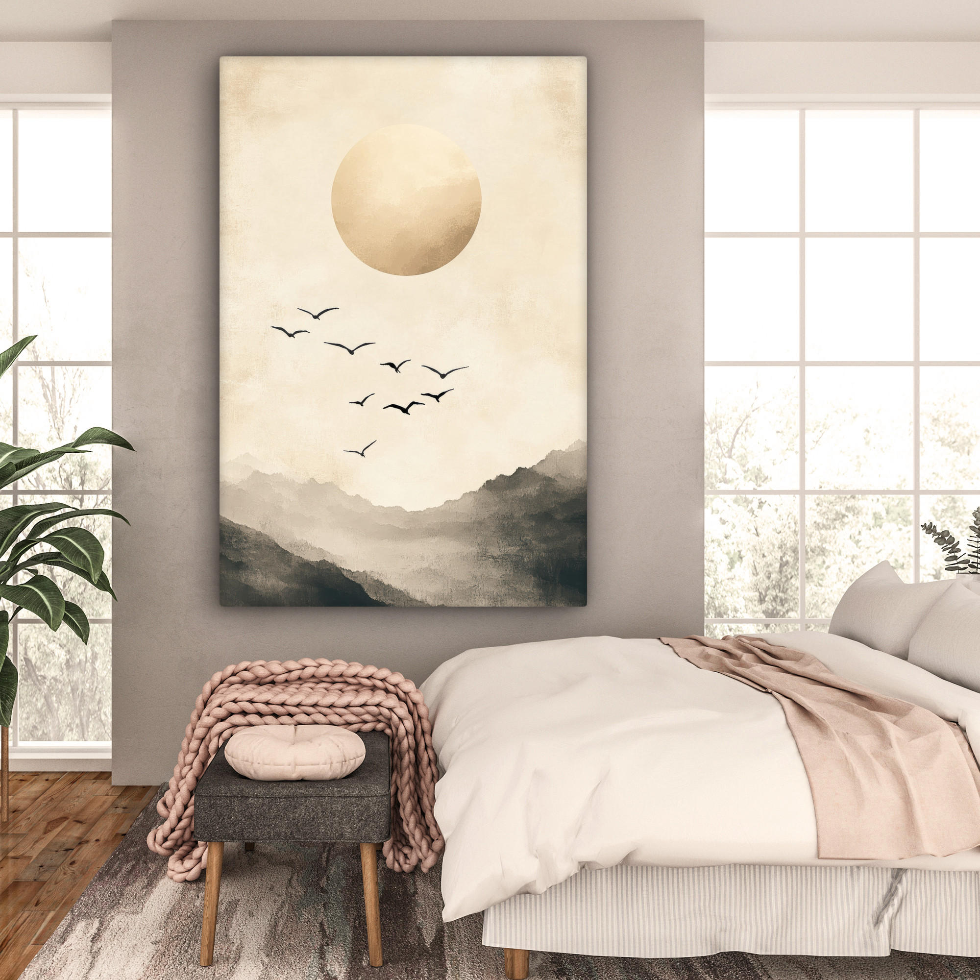 LEINWANDBILD Landschaft - Japandi - Vogel 90x140 cm - Beige, Textil (90/140cm) - MuchoWow