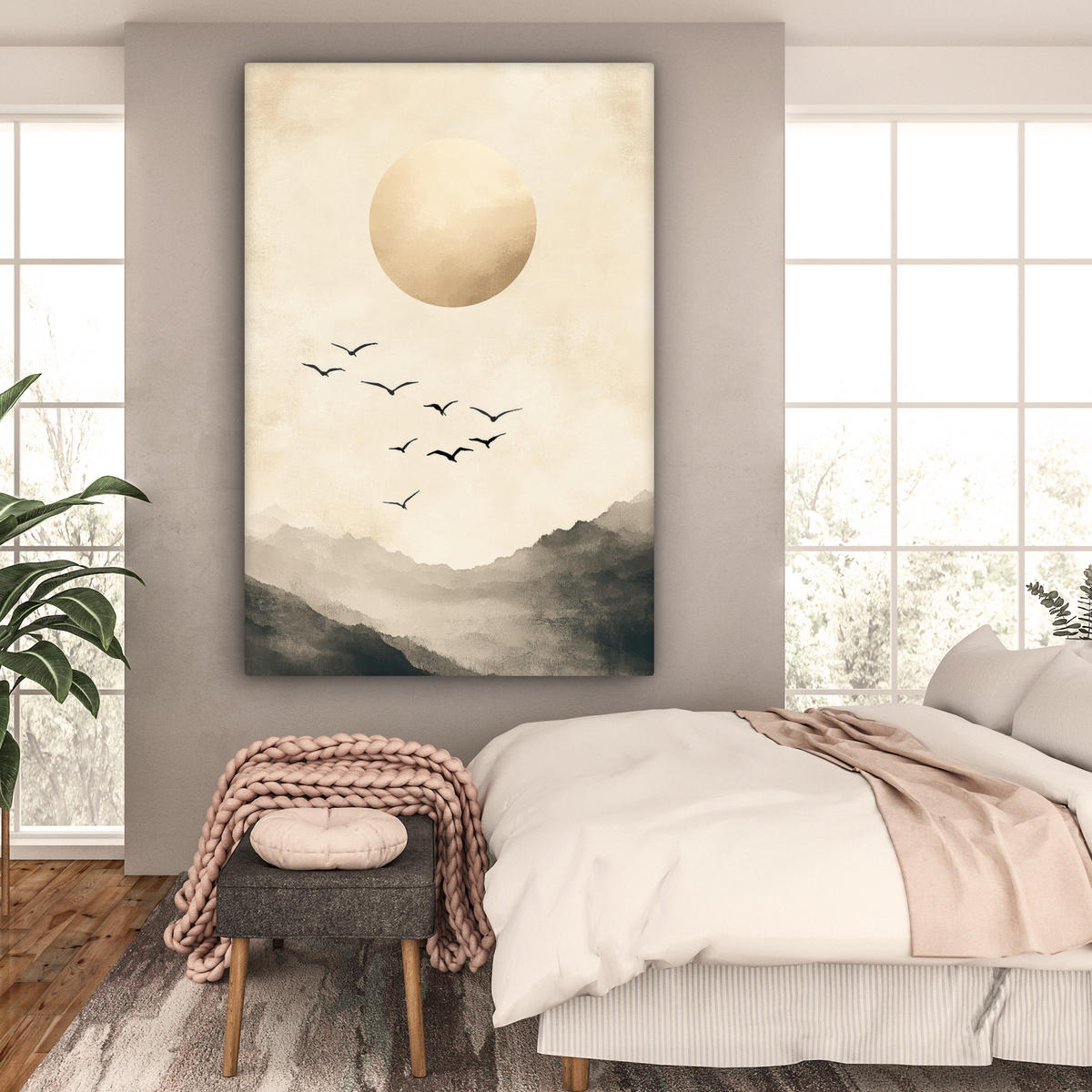 LEINWANDBILD Landschaft - Japandi - Vogel 90x140 cm - Beige, Textil (90/140cm) - MuchoWow