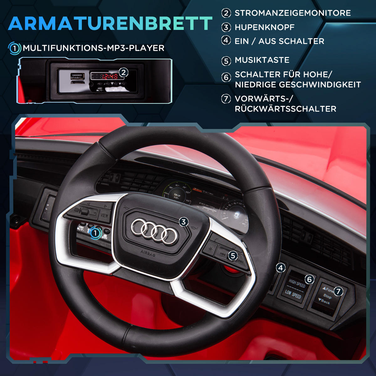 KINDER ELEKTROAUTO, Schwarz/Rot/Weiß, Kunststoff+ Stahl - Rot, Metall (108/60/47cm) - HOMCOM