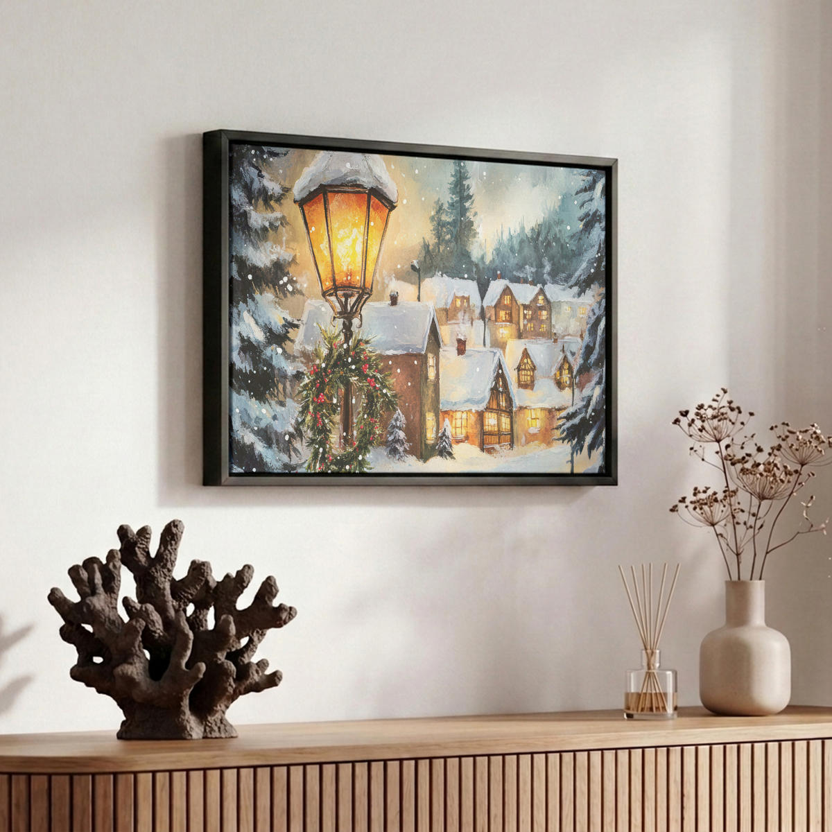 LEINWAND Bilder mit Rahmen - Weihnachtsdorf - Häuser - Schnee - Weihnachten - 30x20 - Sandfarben, Textil (30/20cm) - MuchoWow