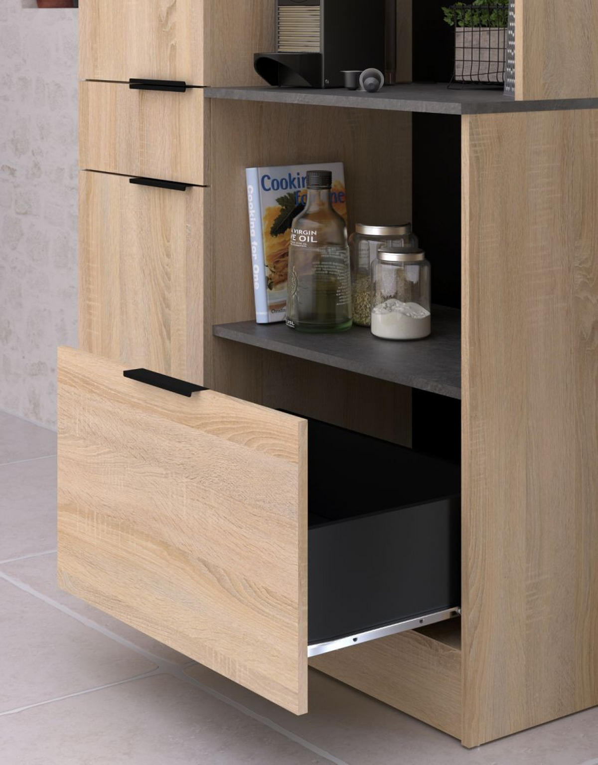 MINIKÜCHE Eiche, grau, Set 3-teilig mit Buffet, Kücheninsel und Schrank - Eichefarben/Schwarz, Holzwerkstoff/Kunststoff (284/184/80cm) - Parisot Meuble