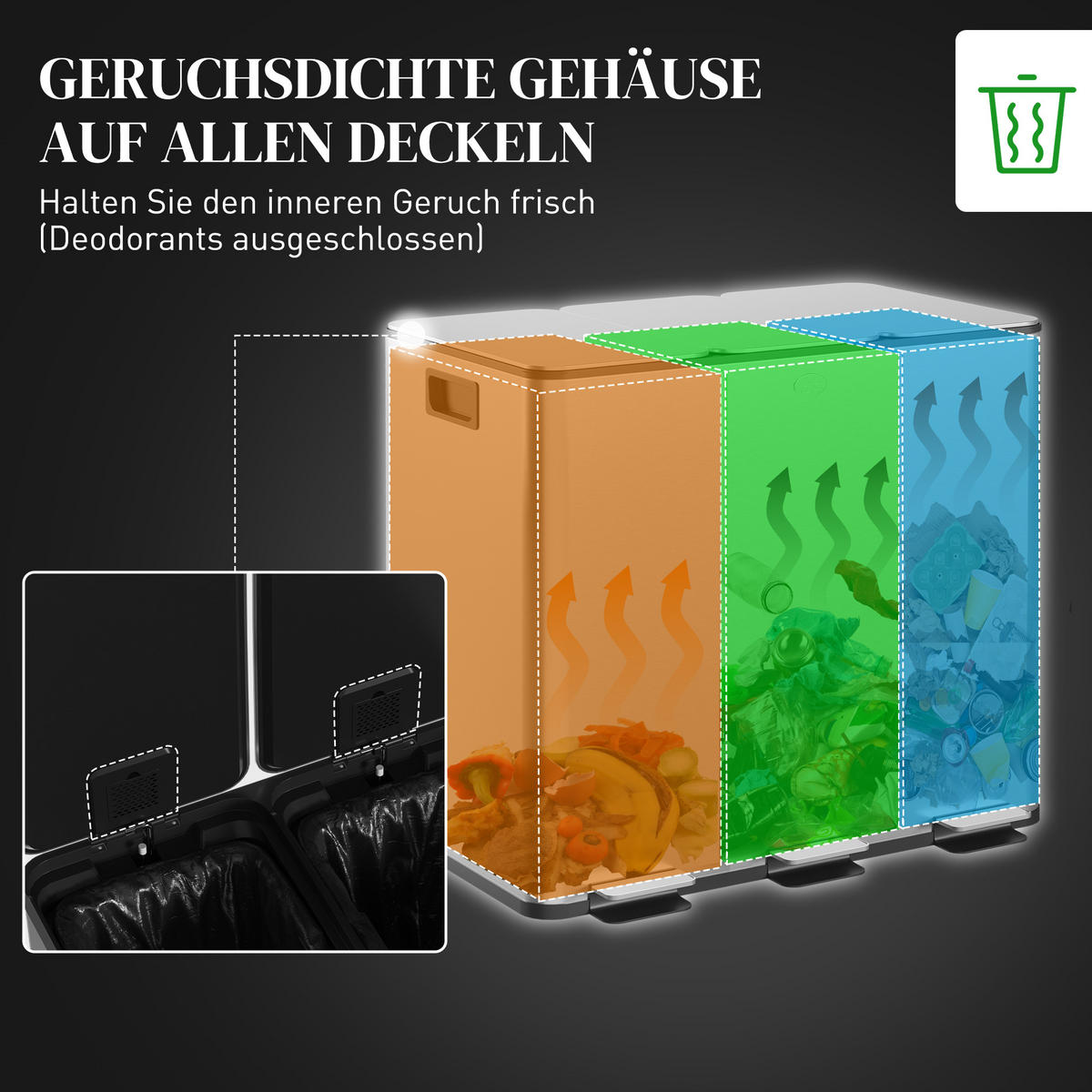 MÜLLEIMER 3x20L Abfalleimer aus Edelstahl mit Softclose Deckel Deodorant-Fächern - Silberfarben, Metall (36.6/43.2/61.9cm) - HOMCOM