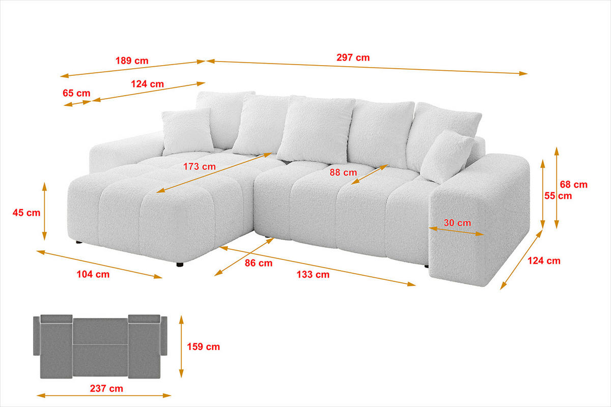 ECKSOFA Ottomane links/rechts ENIL-L 297x189x68 Weiß Bouclé - Weiß, Holzwerkstoff/Kunststoff (297/189cm) - ALTDECOR
