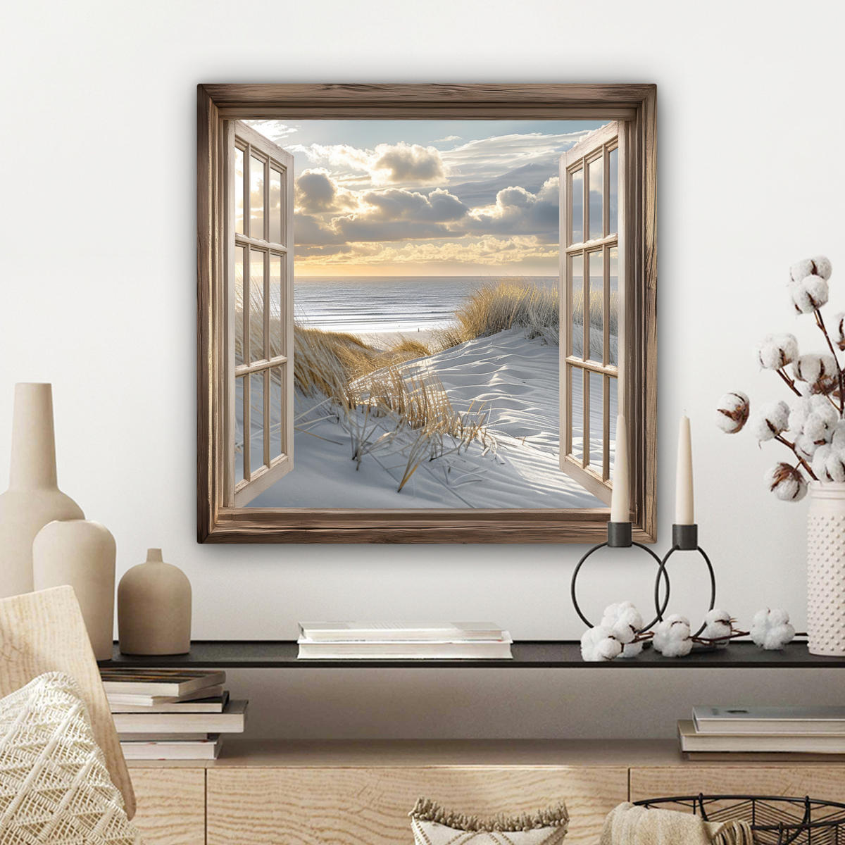 LEINWANDBILD Ausblick - Strand - Dünen - Meer - Natur Wandbild Wohnzimmer 50x50 cm - Sandfarben, Textil (50/50cm) - MuchoWow