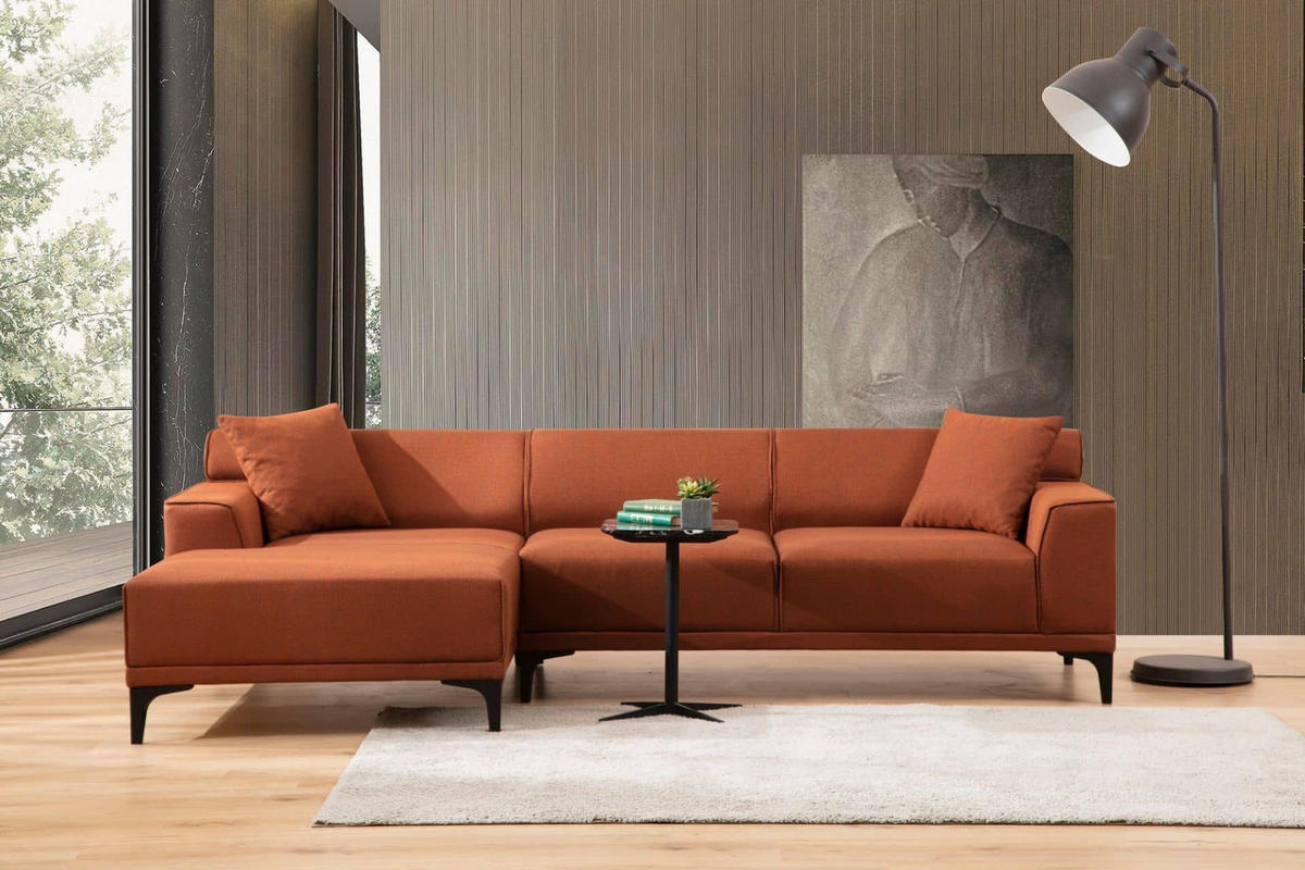 ECKSOFA modern inklusive Zierkissen - Schwarz/Orange, Holz/Kunststoff (250/145cm) - myHomelando