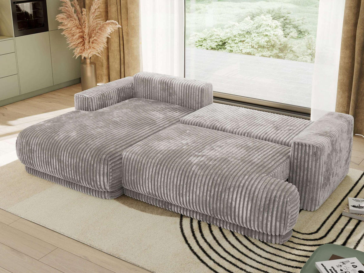 ECKSCHLAFSOFA RINA L Hellgrau Cord - links - Hellgrau/Schwarz, Kunststoff/Textil (267/170cm) - MKS