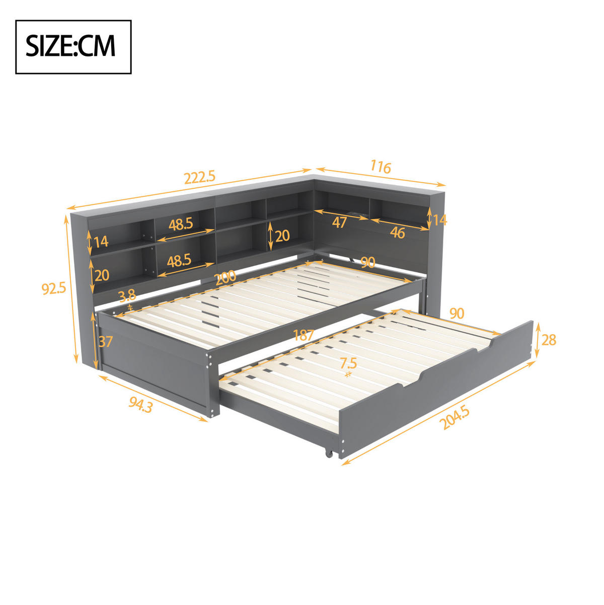 AUSZIEHBETT 90/200 cm mit Gästebett 90/190 cm, Grau, mit USB-Anschluss und Stauraum - Grau, Holz (90/200cm) - Flora Grace