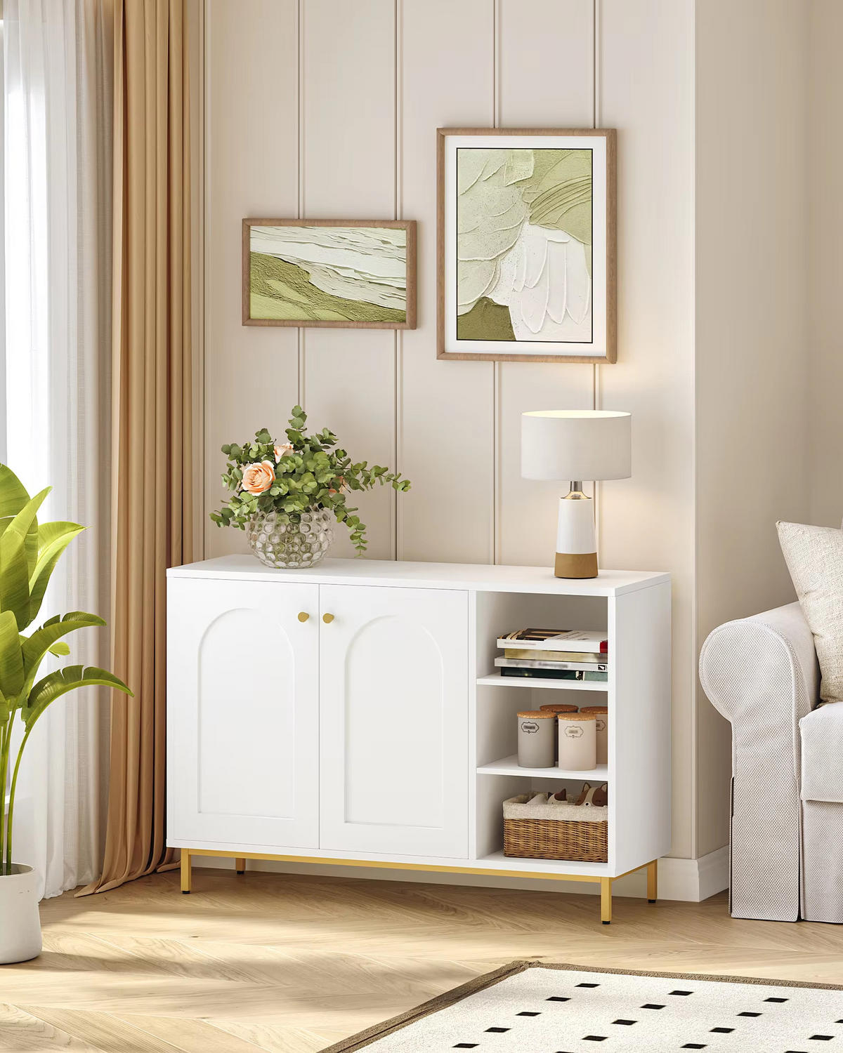 BADEZIMMERSCHRANK Weiß/Gold verstellbares Regal Sideboard - Weiß, Holz (100/70/35cm) - Kaket