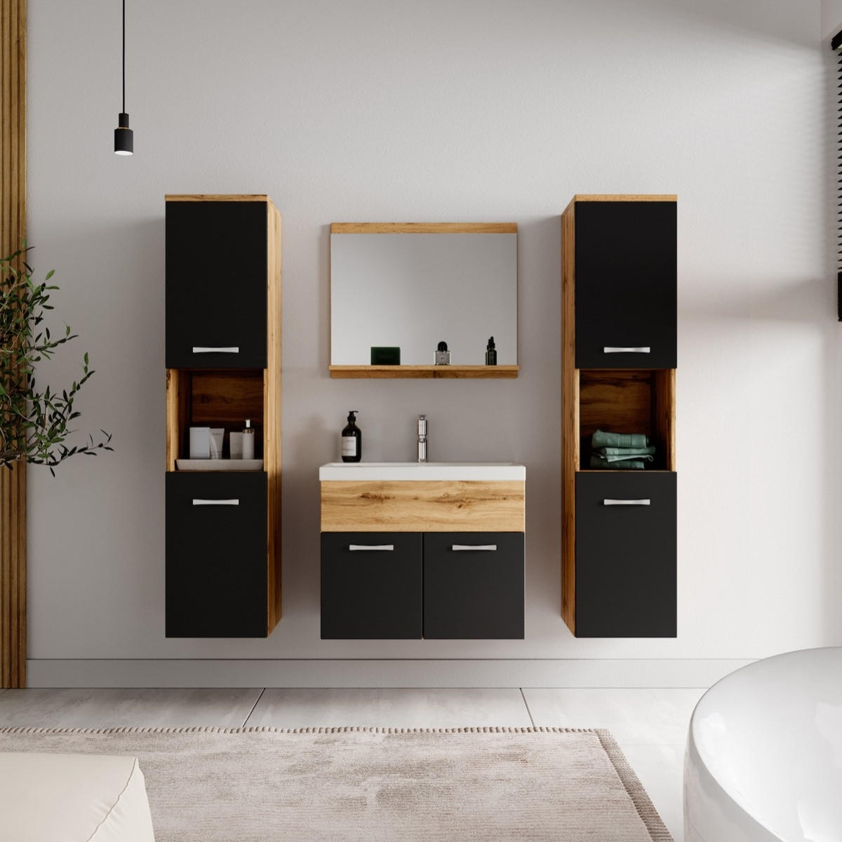 BADMÖBEL-SET Montreal 5 Teile Eiche / Schwarz - 60 x 35 x 51 cm - Eichefarben/Schwarz, Holz (60/51/35cm) - Badplaats