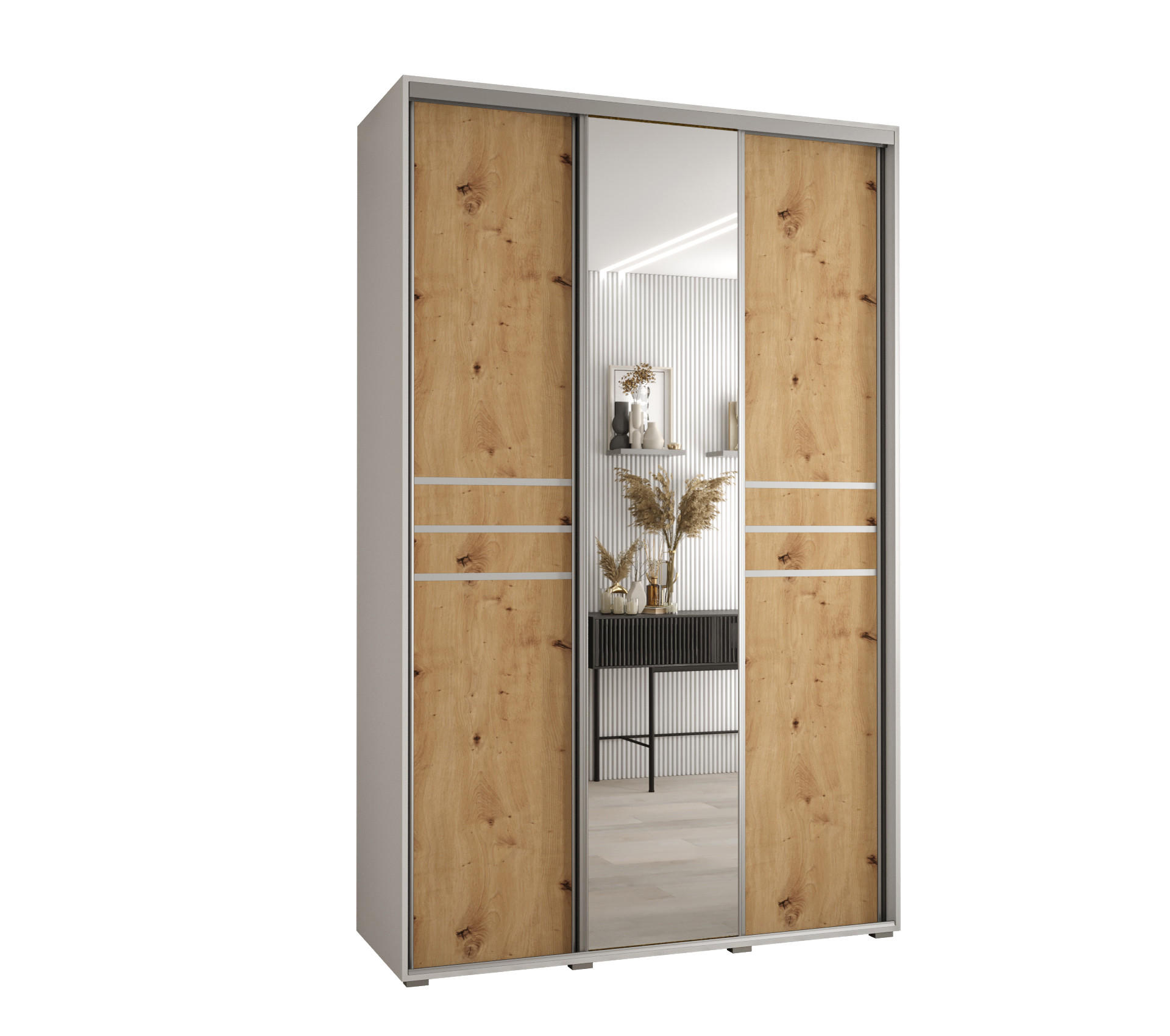 Abiks Möbel Schwebetürenschrank Weiß, Eiche Artisan, Silber 160x235x45 cm